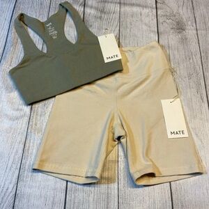 MATE the Label Women's Organic Stretch Sports Bra & Biker Short Set XS Sage/Bone